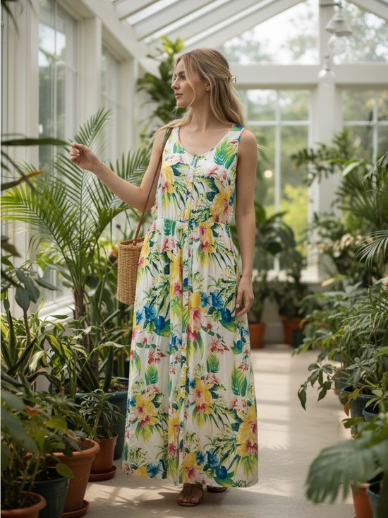 Tommy Bahama Dresses & Skirts - White with Yellow, Blue & Green Tommy Bahama Fleur De Lite Silk Maxi Dress Sz M